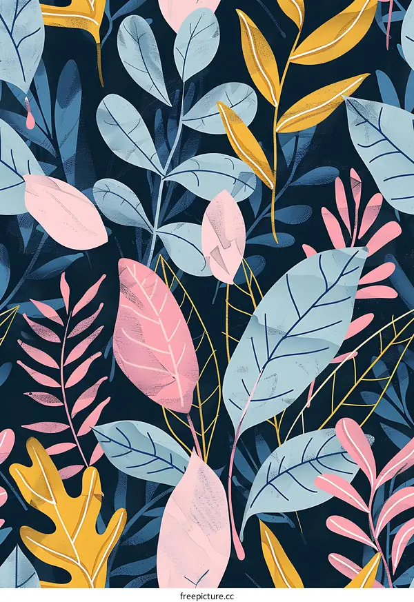 Seamless Pattern with Blue, Pink, and Yellow Leaves on Dark Background