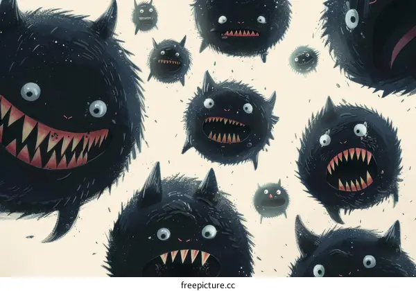 Multiple Black Creatures with Sharp Teeth on Cream Background