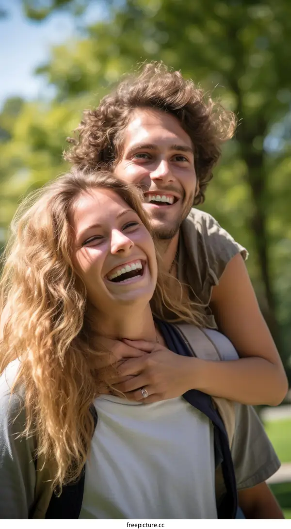 Happy couple piggybacking in the park