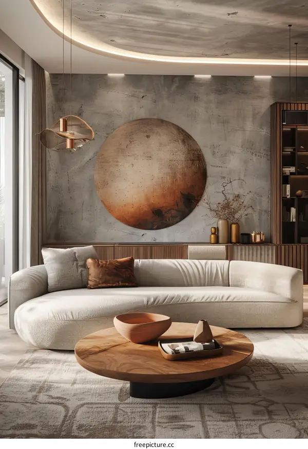 Modern living room interior with curved sofa and round coffee table