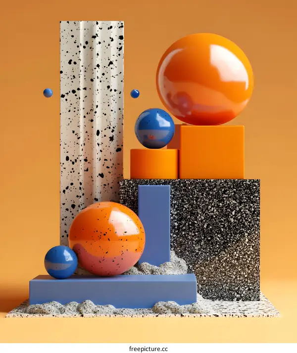 Abstract 3D Geometric Shapes Composition with Blue and Orange Spheres