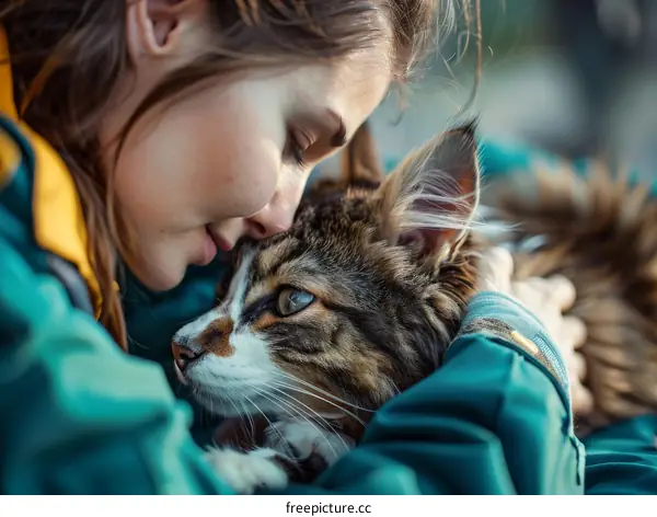 A young woman is hugging a cat