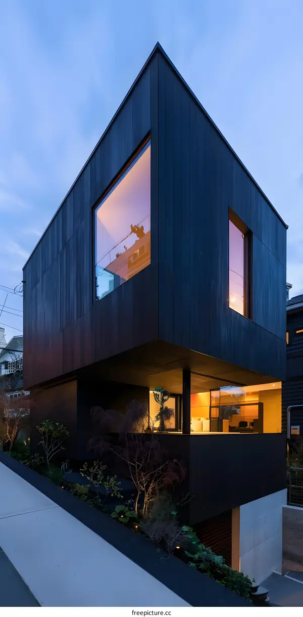 Modern Black House with Large Windows and  Landscaped Garden