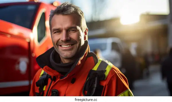 portrait of a firefighter in protective gear smiling