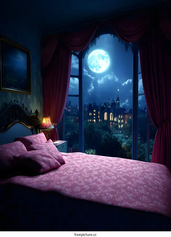 Bedroom Window View of Night City with Full Moon