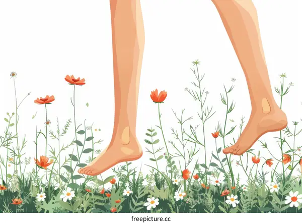 A barefoot person walking through a field of flowers
