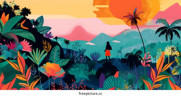 Woman Walking Through Lush Tropical Forest at Sunset