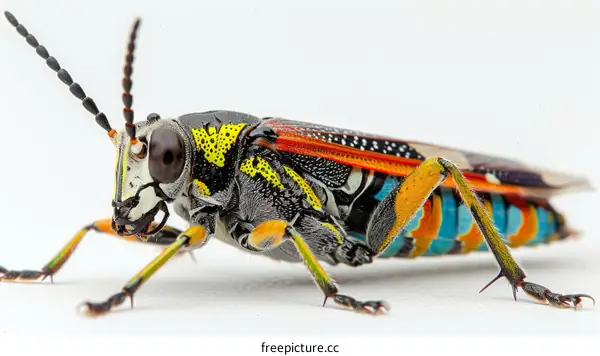 A Vibrant Grasshopper on a White Surface