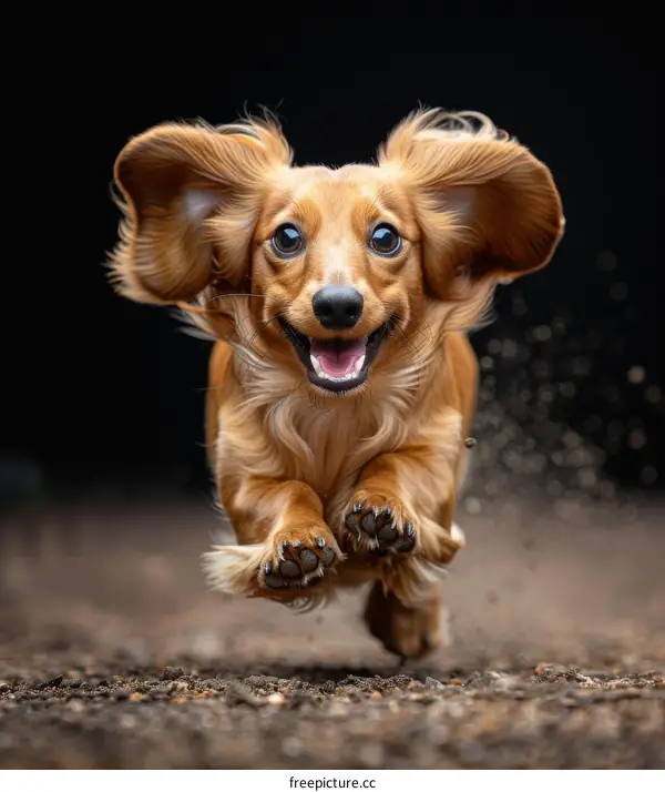 A happy brown dachshund running in the park