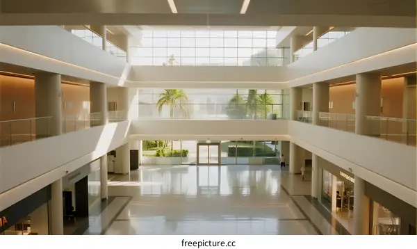 Modern Multi-story Shopping Mall Interior with Glass Facades