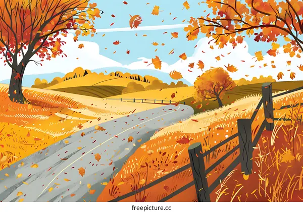 Autumn Landscape with Winding Road and Falling Leaves