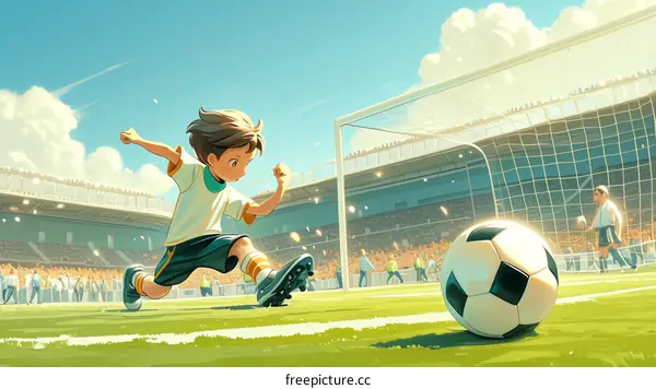 A young boy is playing soccer in a stadium.