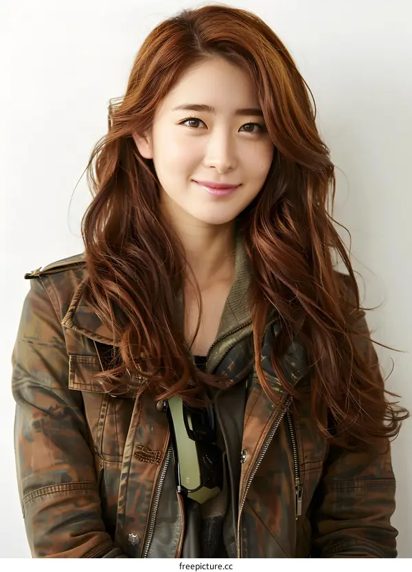 Smiling woman with long brown hair wearing a brown jacket