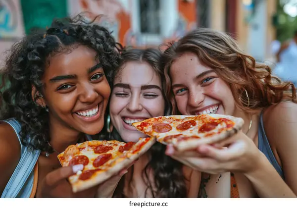 Three young multiracial women eating pizza together