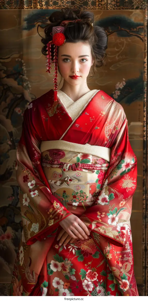 Portrait of a young woman in a red kimono