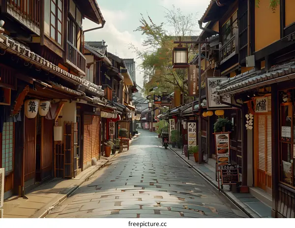 An empty narrow street with traditional Japanese architecture on both sides