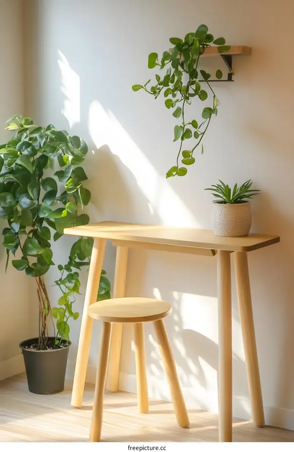 Minimalist Wooden Table with Plants and Stool in a Corner of a Room