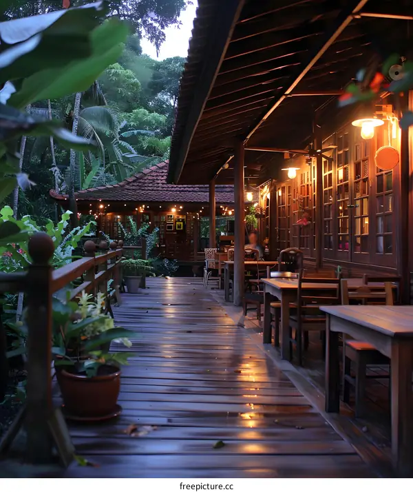 Wooden walkway in a tropical garden