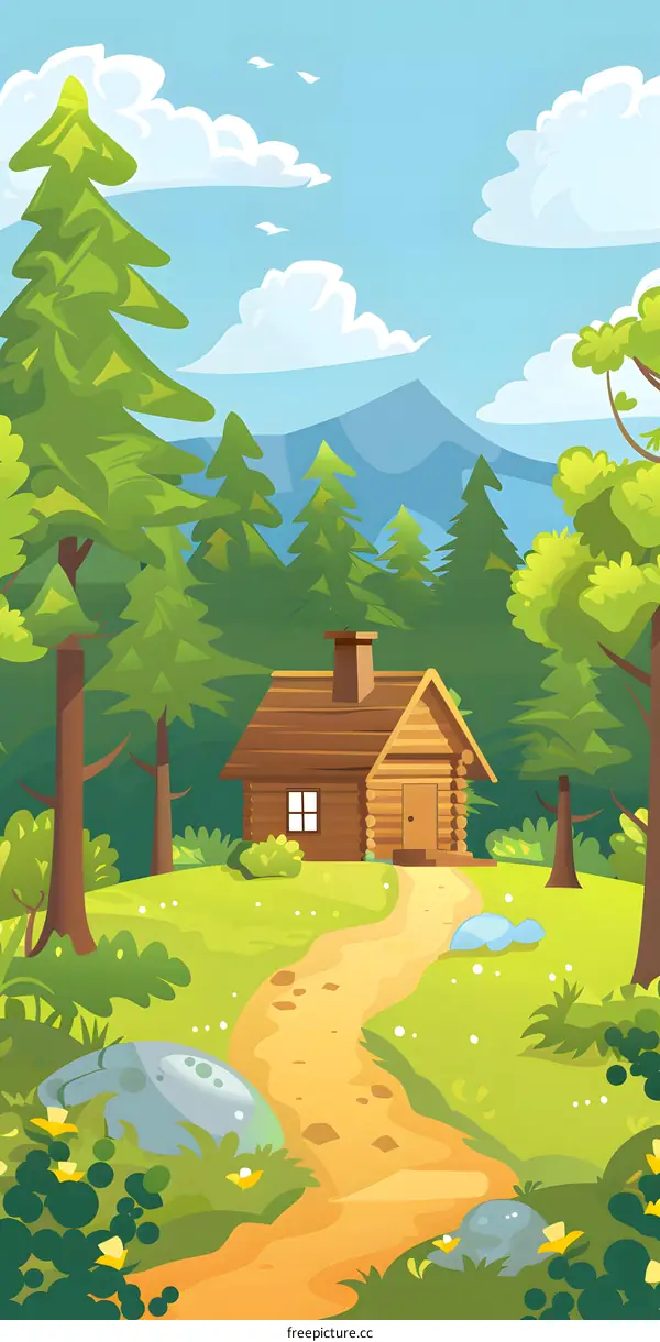 Cabin in the Woods with Path and Mountains in the Background