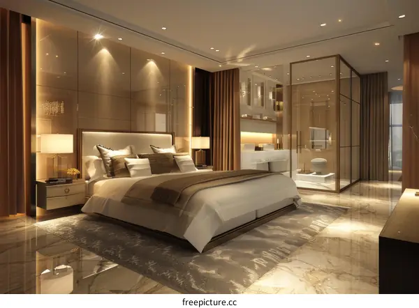 Modern bedroom interior with glass wall bathroom