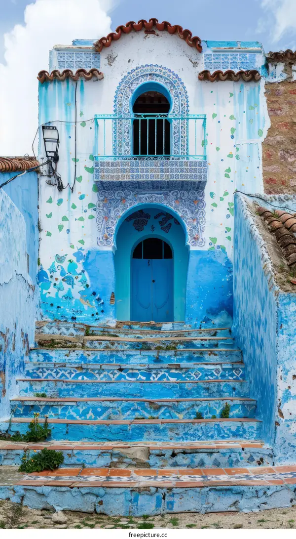Blue house with blue door in Chefchaouen, Morocco