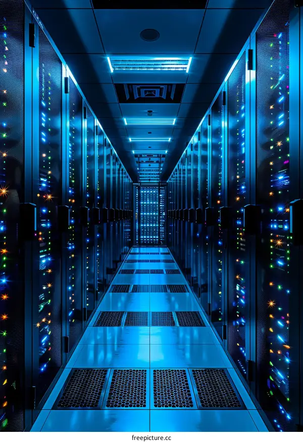 Blue lit server room with many rack servers