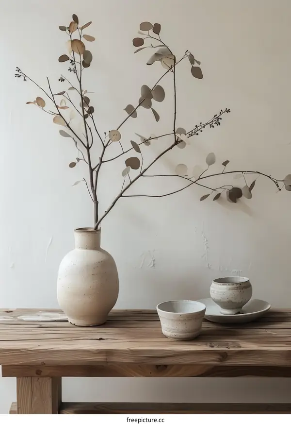 A ceramic vase with a branch of eucalyptus leaves on a wooden table