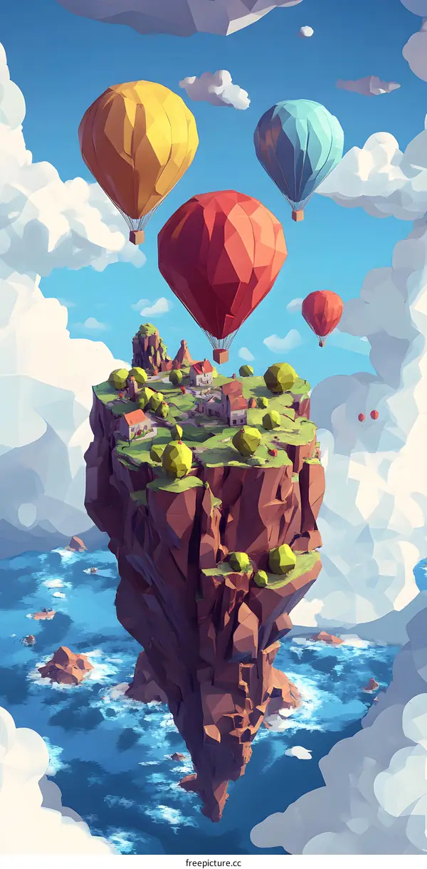 Low Poly Floating Island with Hot Air Balloons