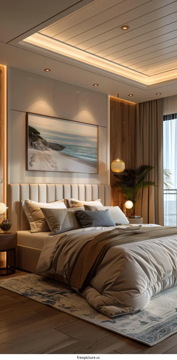 Modern Bedroom Interior Design with Sea View Picture and Wooden Wall