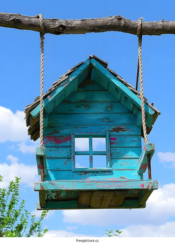 Blue Wooden Swinging House in the Sky