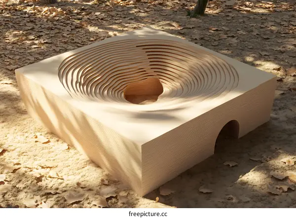 Modern Abstract Wooden Sculpture with Curved Layers and Hole