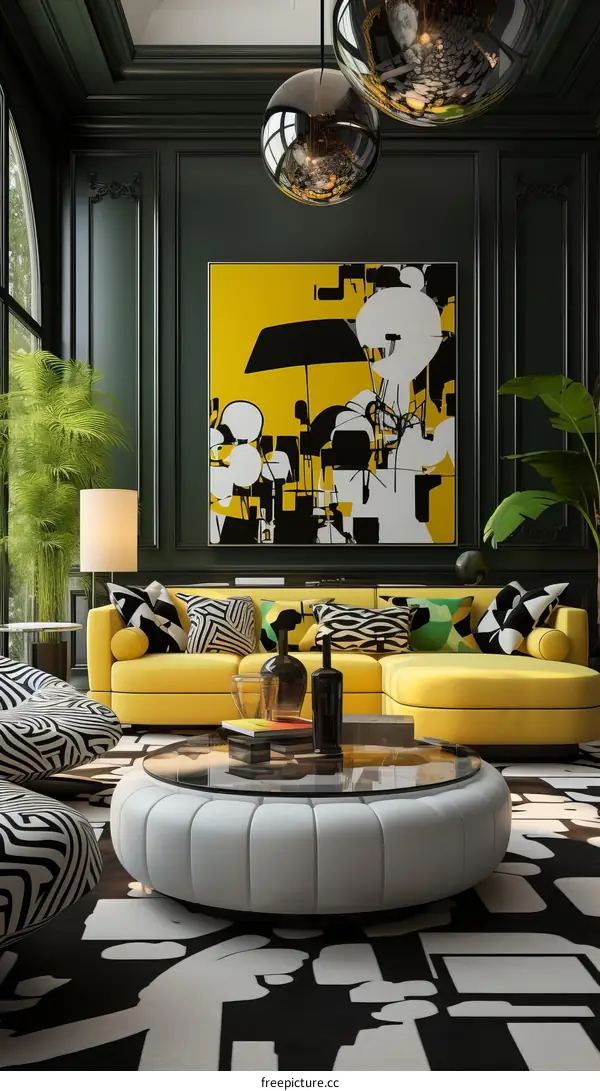 A Stylish Living Room With Yellow Sofa and Geometric Patterns