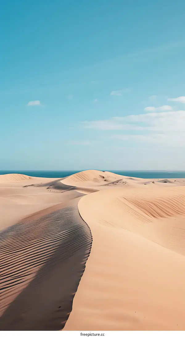 Desert Sand Dunes with Blue Sky and Ocean in the Distance