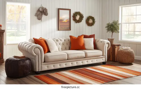 Cream Colored Sofa with Orange Accents in a Living Room