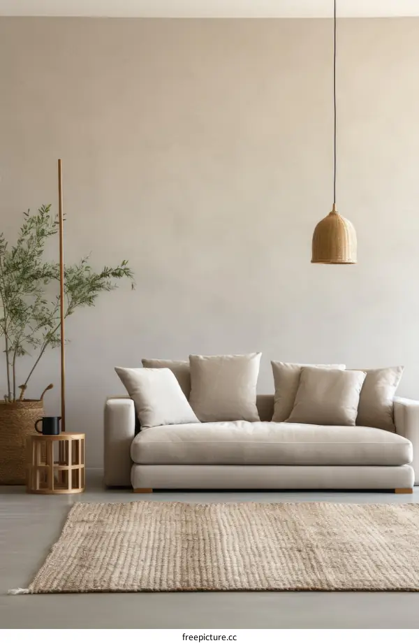 Modern minimalist living room interior with beige sofa, carpet, plant, and wicker lamp