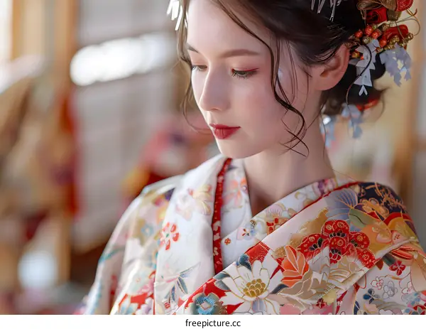 A beautiful foreign bride wearing a kimono