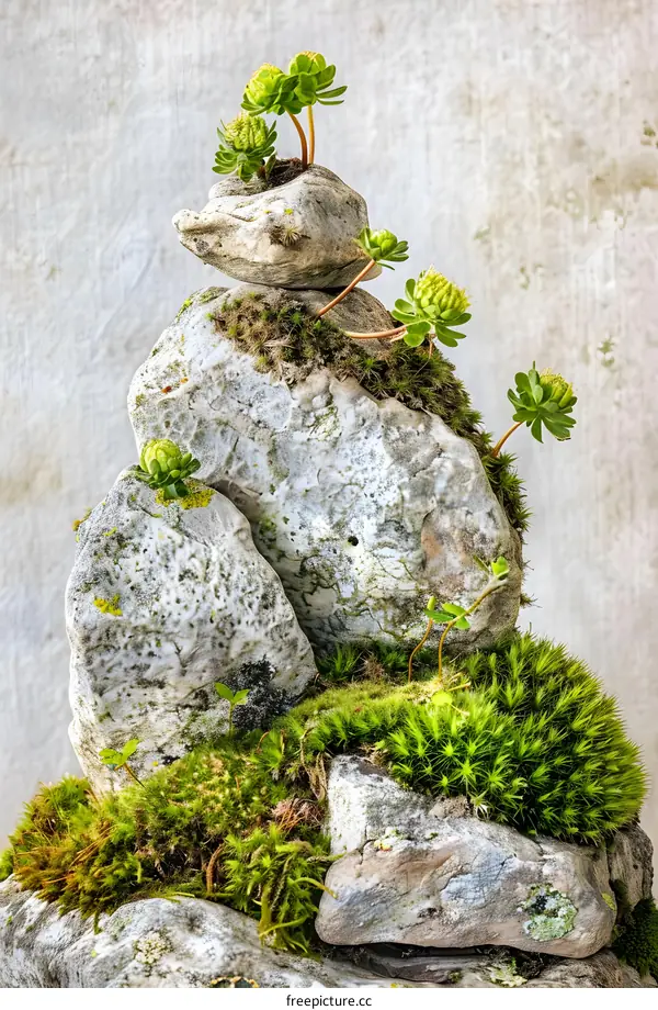 Stacked Rocks with Moss and Green Plants