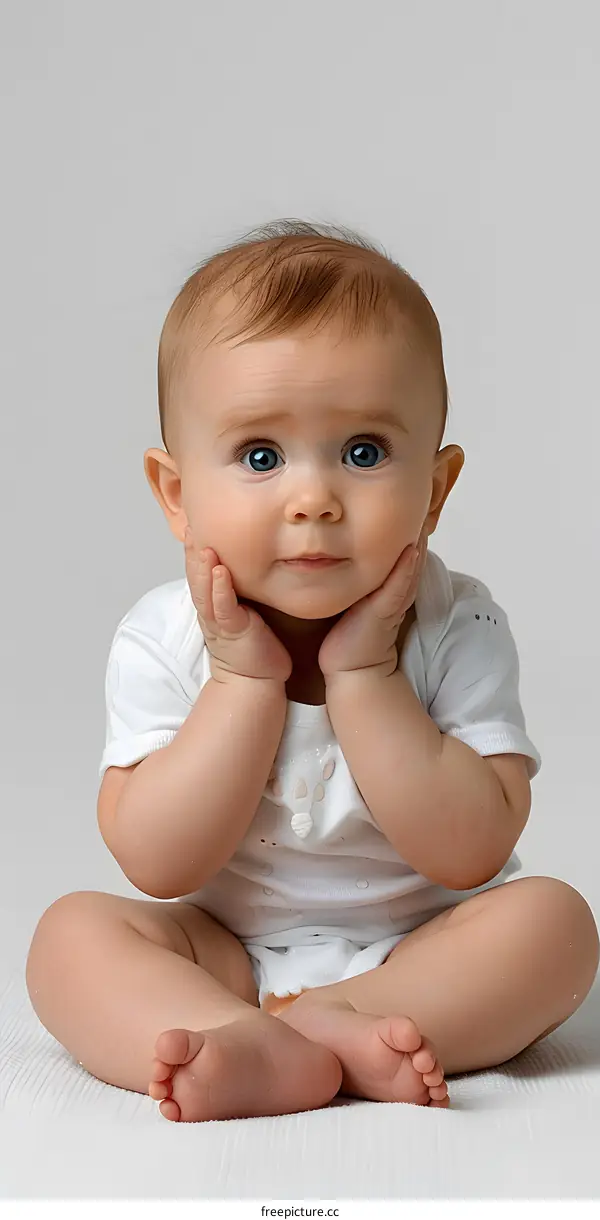 Cute Baby Girl Sitting on White Blanket