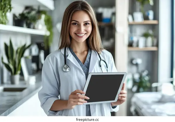 Female Doctor Using Digital Tablet in Clinic