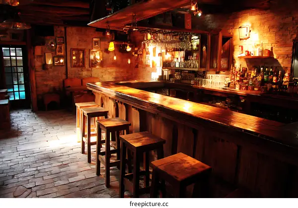 Rustic Wooden Bar Interior with Warm Lighting