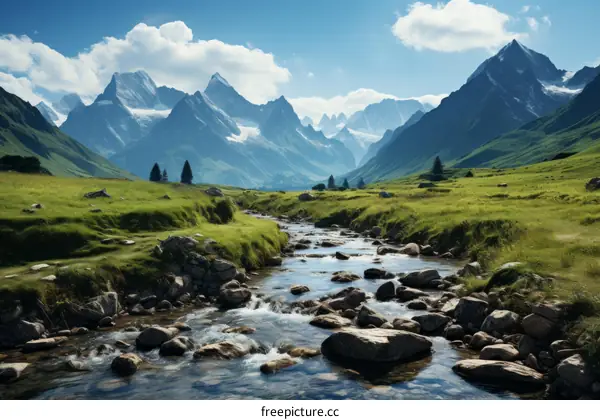 A river flowing through a valley in the Swiss Alps
