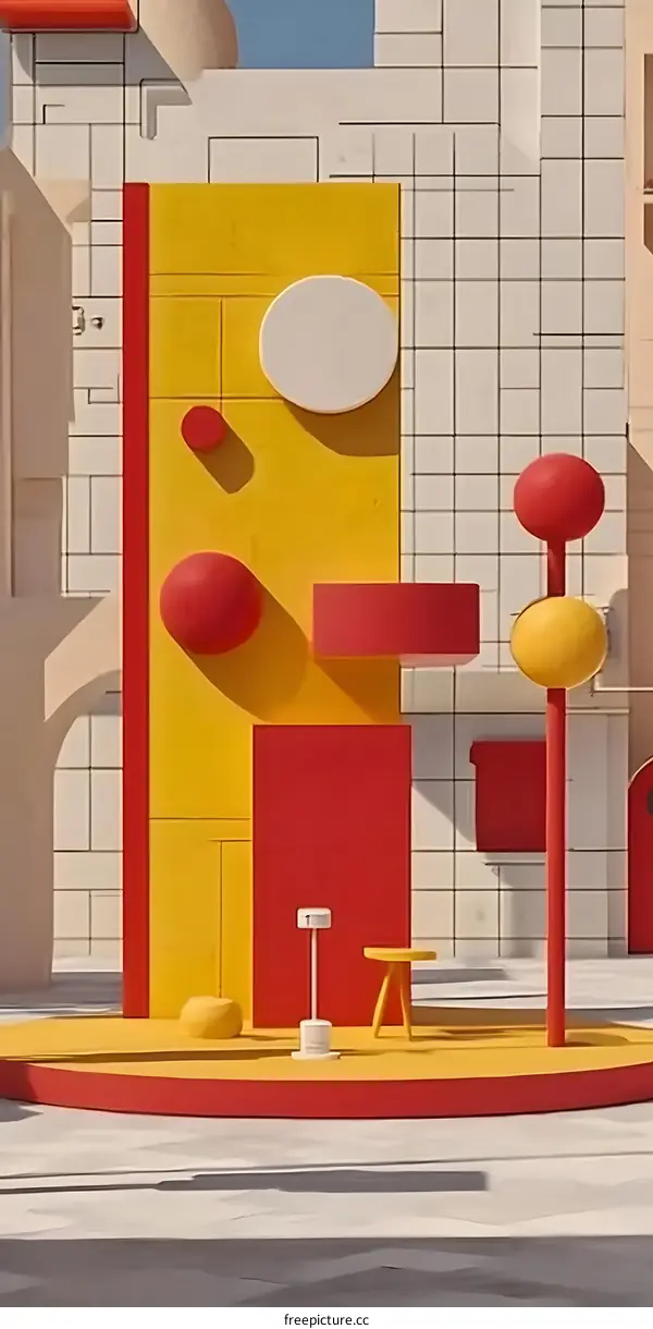 Abstract 3D Yellow Red and White Geometric Shapes City Architecture Background