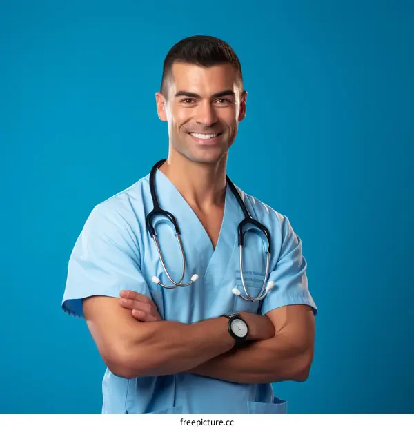 Portrait of a smiling male doctor in blue scrubs