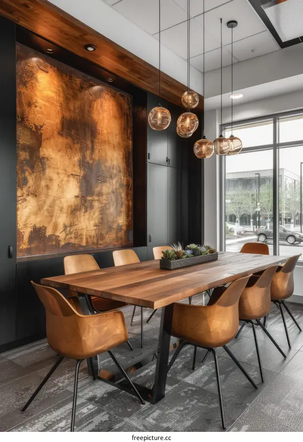Large conference room with wood table and chairs