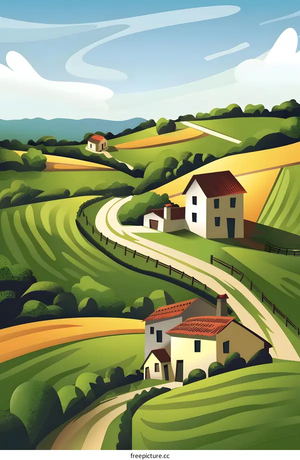 Illustration of Houses in a Green Valley Landscape