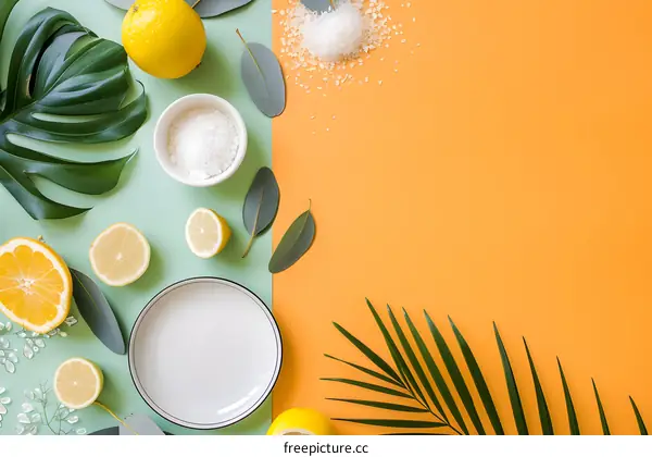 Tropical Flat Lay with Lemons and Sea Salt on Green and Orange Background