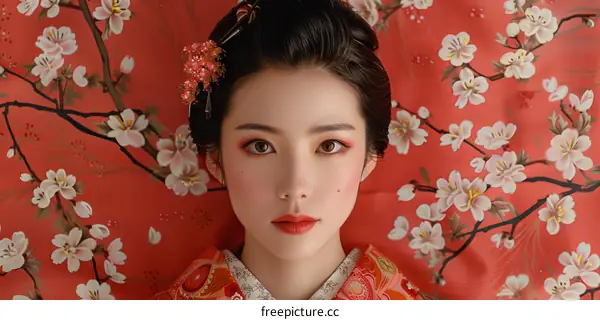 Portrait of a young Japanese woman in traditional kimono with pink cherry blossom hair accessory and red lipstick