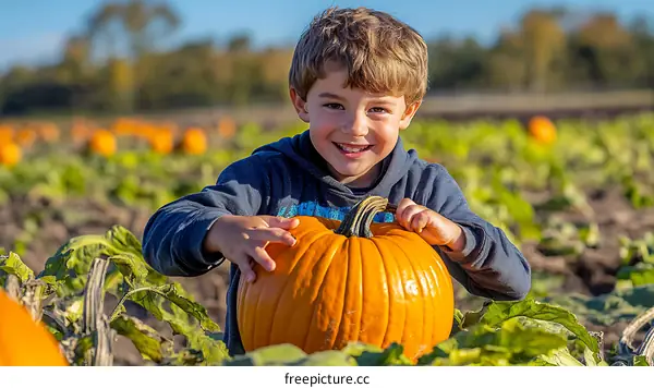 Happy Boy Holding Pumpkin in Pumpkin Patch