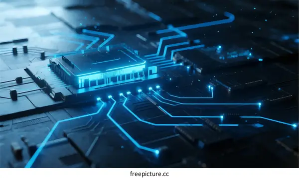 Circuit Board with Glowing Blue Technology Lines
