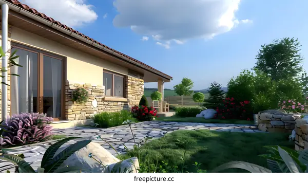 Modern Stone House with Green Grass Yard